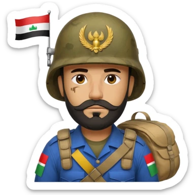 A very tired and sad, swarthy Iraqi soldier with a beard, an Iraqi flag on his helmet, a sad expression and bags under his eyes sticker