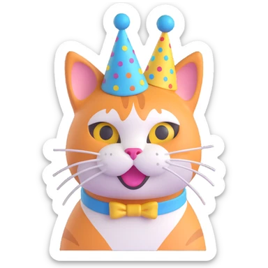 3D emoji style cat with a party hat, friendly expression, joyful and inviting sticker