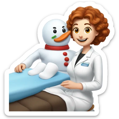 A hot snowman with a mustache giving a hot Auburn haired Scientist a back rub using a massage table ￼ sticker