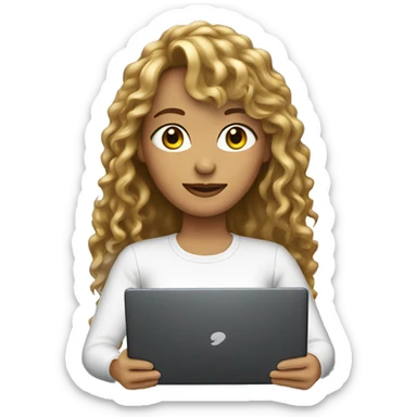 A woman with long permed hair with bangs holding a laptop sticker