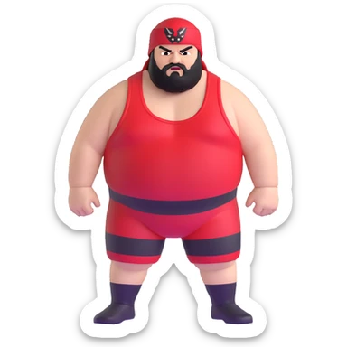 White skin fat guy with prominent black durag, black beard, black eyes in a red and black wrestling singlet with angry face sticker