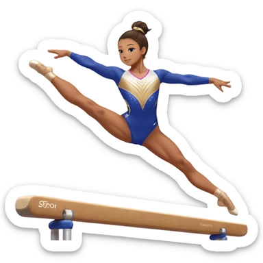 A gymnast performing a flawless routine on the balance beam, showcasing strength and grace. The scene captures the precise, elegant movement with perfect balance and form. The background features a gymnastics arena with vibrant lighting and cheering crowds, emphasizing athleticism and poise. sticker