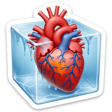 A realistic human heart completely frozen, trapped inside a clear ice cube sticker