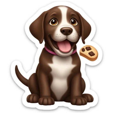 Chocolate lab puppy celebrating success with treat sticker