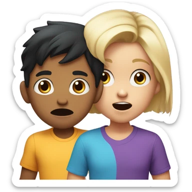 one cartoon characters, a young boy with black hair wearing a blue shirt and a young girl with blonde hair wearing a purple shirt, both covering their mouths with their hands in a surprised expression sticker