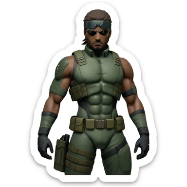 Cinematic Realistic Metal Gear Solid Snake Soldier Portrait, captured in a dynamic, battle-ready stance, muscles defined beneath intricately detailed combat gear in consistent muted greens, browns, and blacks. His determined eyes and rugged features, rendered with dramatic natural lighting and high shine, exude raw, unyielding power, epitomizing the fierce, relentless spirit of a covert operative in the midst of action. sticker