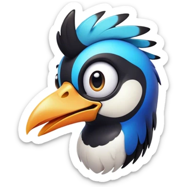 Cinematic Comical Magpie Portrait Emoji, Head tilted dramatically with an exaggeratedly shocked expression, featuring a vibrant, glossy form with wide, comically expressive eyes full of playful disbelief and a subtly animated beak, Simplified yet hilariously expressive features, highly detailed, glowing with a slightly sassy urban glow, high shine, dramatic yet playful, stylized with an air of cheeky mischief, soft glowing outline, capturing the essence of a meme-worthy magpie that looks ready to side-eye its way into viral fame! sticker