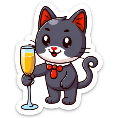 black cat with a red clown nose and a glass of champagne in its paw, playful and festive sticker