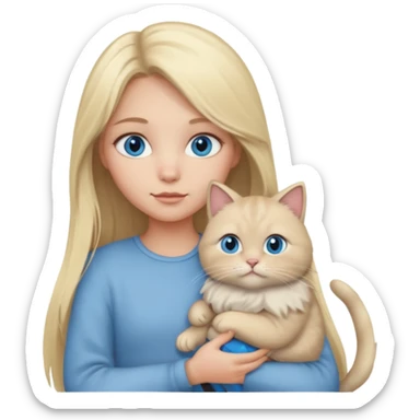 blonde girl with long blonde hair and blue eyes with chubby gray cat sticker