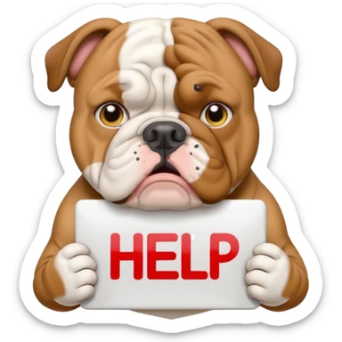 English bulldog with a worried face holding a 'need help' sign, emoji style sticker