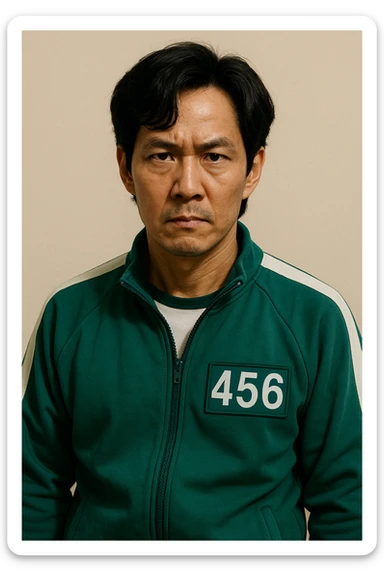 Squid Game man character wearing iconic green tracksuit, short hair, determined expression, simple background sticker