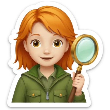 braid orange haired girl kid in moss green explorer outfit, holding magnifying glass, smile sticker