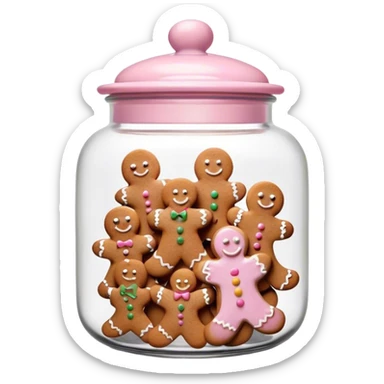 Realistic glass cookie jar with light pink lid full of gingerbread cookies isolated.  sticker