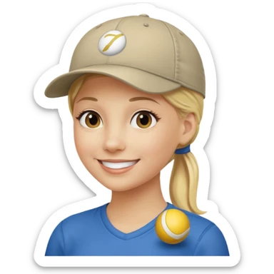 blond woman, pony tail, ball cap sticker