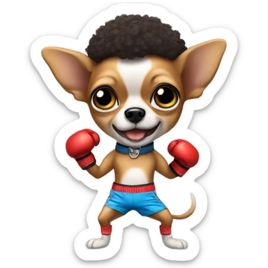Chihuahua with an Afro dancing while wearing boxing gloves and shorts sticker