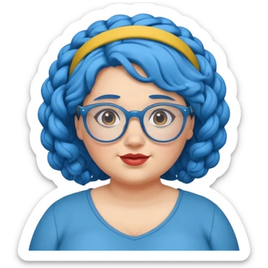 curly fat woman with blue hair and glassess and headband sticker