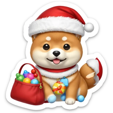 shiba inu wearing santa hat holding a bag of toys snowing sticker