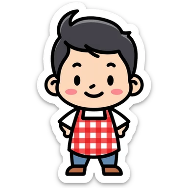 chubby boy with black hair styled upward in front, wearing a red and white checkered plaid apron sticker