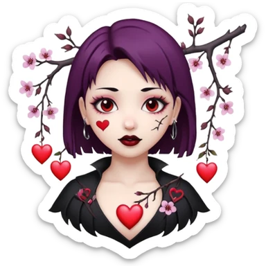 goth sakura heart, heart pierced by sakura branch, white and pink sticker