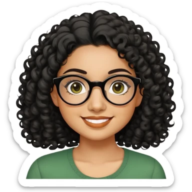 Hispanic woman in her 20s with caramel skin tone. Round face with prominent cheeks and dimples. Dark eyes with black thick-framed glasses. Shoulder-length curly black hair with defined curls. Wide sincere smile. Wearing a green casual top. sticker