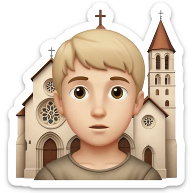 European boy looking at Romanesque church sticker