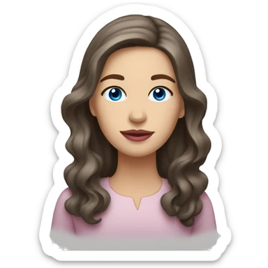 A white woman with a long face, wavy medium-dark brown shoulder-length hair, pink lips, and blue eyes, on a white background  sticker