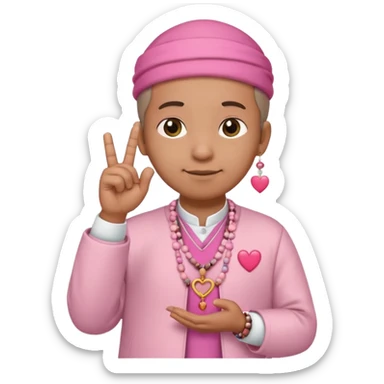 cute uncle wearing a takke, pink skirt, holding prayer beads, making heart sign with index finger and thumb, saying 'uwu', emoji style sticker