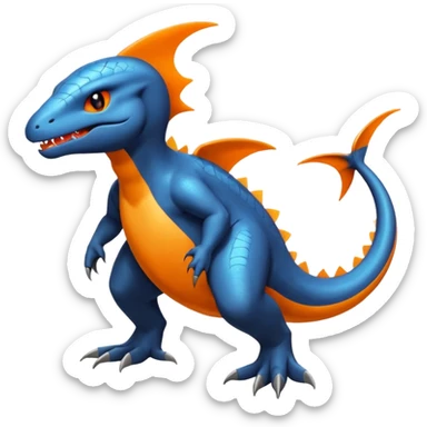 Shiny Black Koraidon-Latios-Salandit-Fakémon-hybrid-creature (full body) with orange belly sticker