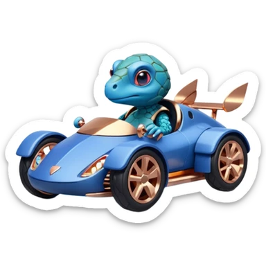 dark crystal blueberry and rosegold-accented cyber faceted-body electric racing car driven by a small cute smoking relaxed turtle with rear spoiler, roll bar, and wheely bar sticker