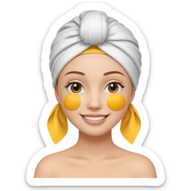 3D emoji style woman with towel head wrap, under-eye patches, smiling softly, clean girl skincare aesthetic, soft studio lighting, smooth skin texture, minimalist beige background, high resolution, PNG sticker