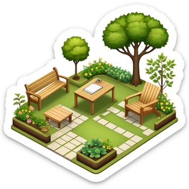 Icon for Landscape Design: a garden layout with trees, plants, pathways, and outdoor furniture, along with design tools like a rulerб pencil and sketchpad. The icon should represent the creativity and planning behind landscape design. Transparent background. sticker