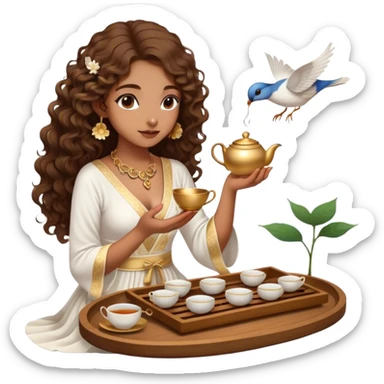 Light brown skin girl, long curly brown flat hair, gold jewelry, white dress, feeding birds with wooden tea ceremony tray with lotus flower sticker