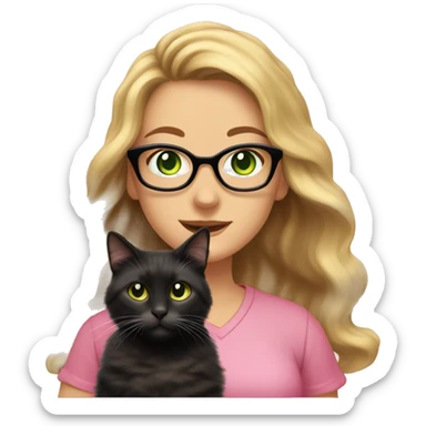 woman with glasses and green eyes and long wavy blonde hair in a pink shirt is holding a very fluffy and fat black and tortoiseshell cat sticker