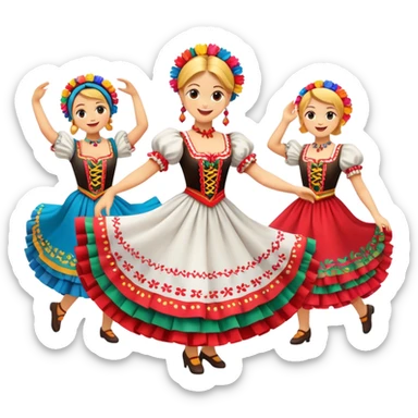 Cinematic Realistic Mazurka Dance Emoji, depicted as a lively traditional Polish folk dance scene with colorful costumes and spirited movement, rendered with dynamic textures and vibrant festive lighting that captures its rhythmic energy. sticker