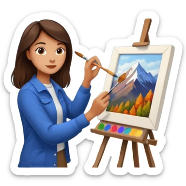 Brunette Artist painting a beautiful autumn mountain peak destination on canvas sticker