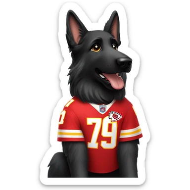 black long haired German Shepherd dog wearing a Kansas City Chiefs jersey with the number 1 on the jersey jersey  sticker