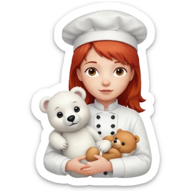 girl kid italian chef, red haired, uniform, holding plush polar bear sticker