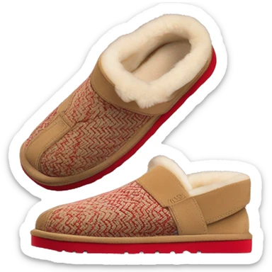Camel color platform slip-on UGG slippers. thin red woven zig-zag trim line detail on the cuff sticker
