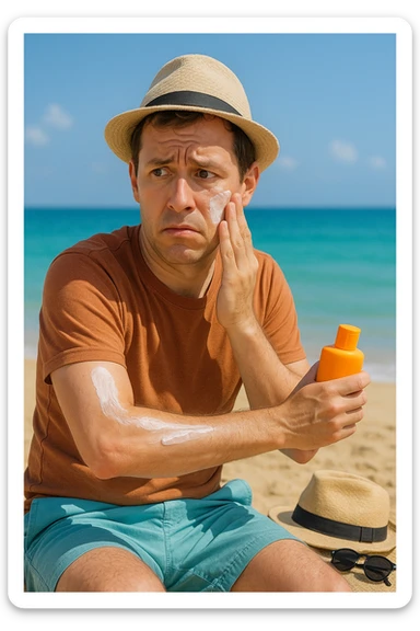 uomo a mare che si mette la crema solare perchè ha paura del sole sticker