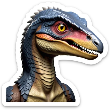 Cinematic Noble jurassic park Velociraptor Portrait Emoji, Poised and menacing, with a sleek, muscular build clad in dark, scaly skin reminiscent of jurassic park Park’s iconic raptor, a sharply curved snout and piercing, intelligent eyes that exude predatory cunning, Simplified yet boldly defined features, highly detailed, glowing with a cool, ominous radiance, high shine, intelligent and relentless, stylized with an air of cinematic prehistoric authority, focused and alert, soft glowing outline, capturing the essence of a watchful and confident jurassic park Velociraptor that appears ready to dash out of the screen with effortless power! sticker
