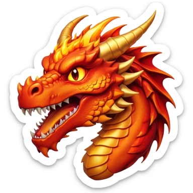 Cinematic Noble Fierce Fire Dragon Portrait Emoji, Poised and imposing, with a muscular, scaled body ablaze in fiery hues of crimson, molten orange, and molten gold, and intense, burning eyes that mirror the heart of a volcano; rendered with lifelike texture and dynamic natural highlights, high shine, formidable and intense, styled with an aura of scorching mythic power, focused and resolute, soft glowing outline, capturing the essence of a legendary inferno poised to ignite the screen with timeless ferocity! sticker