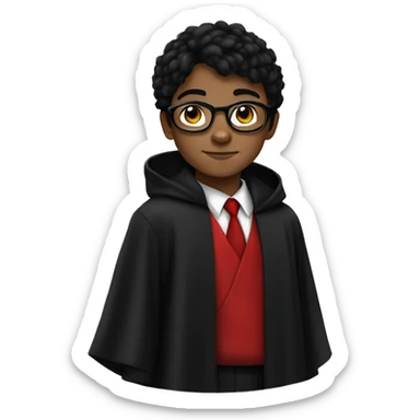young boy with black hair, green eyes, round black glasses, dressed in black robes with a red tie sticker