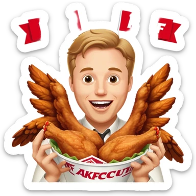 "Create an emoji of a white man holding KFC chicken wings with a happy and excited expression. Make sure to add the text 'KFC ABSOLUTE CINEMA ✋😮🤚' in large, bold letters, covering the entire screen and standing out clearly. This text must be included. Use a vibrant and expressive style." sticker