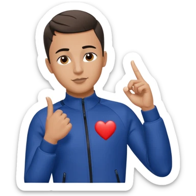 A man with a short Edgar haircut, brown eyes, arched brows, bit lips and nose wearing a nike tech doing a half finger heart with one hand sticker