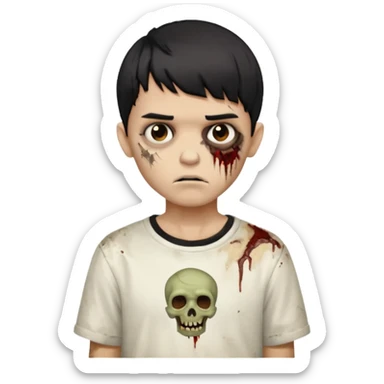 garoto zombie de cabelo liso preto com volume no formato de tigela, olhos marrom escuros, camisa branca, pele morena mas mais branca do que morena sticker