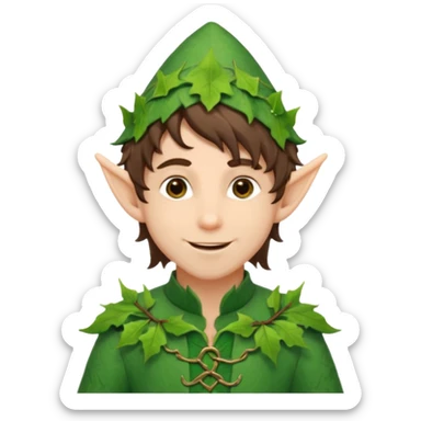 handsome elf with messy brunette hair wearing a leafy outfit and smile confidently sticker