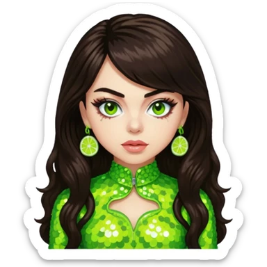 Charli XCX with long dark brown hair, lime green sequin outfit sticker