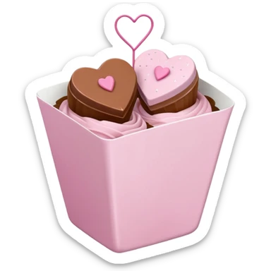 Two glossy square milk chocolate pralines placed diagonally, each in a white ridged paper cup, topped with a soft pastel pink heart icing with subtle sugar sparkle.
Cute minimal emoji-style, realistic and polished, clean studio lighting, pure white background, smooth 3D render, high resolution. sticker