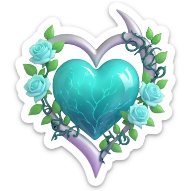 gothic heart made of teal glass, silver crescent moon, mint green roses, holographic stardust, neon white lightning, drenched and splintered glass sticker