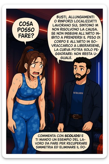 ispirati a questo stile di disegno e fai questa immagine in versione manga/webtoon a colori, il manga mostra la donna preoccupata che chiede: "COSA POSSO FARE?" E L'UOMO CHE RISPONDE: Busti, allungamenti o rinforzi localizzati lavorano sul sintomo ma non risolvono la causa. Se non insegni all’arto inibito a prendersi il peso del corpo e all’arto in sovraccarico a liberarsene, la curva potrà solo peggiorare; non resta uguale. Commenta con scoliosi e ti mando un esempio del lavoro da fare per recuperare simmetria ed eliminare il dolore. sticker